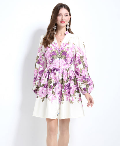 Floral Print Lantern Sleeve Button up Mini Dress