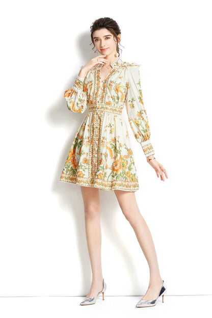 Women's Floral Print Button up Lantern Sleeve Casual A-line Mini Dress