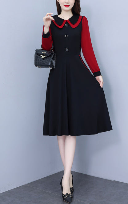 Women's Peter Pan Collar Long Sleeve Black Dress with Pocket