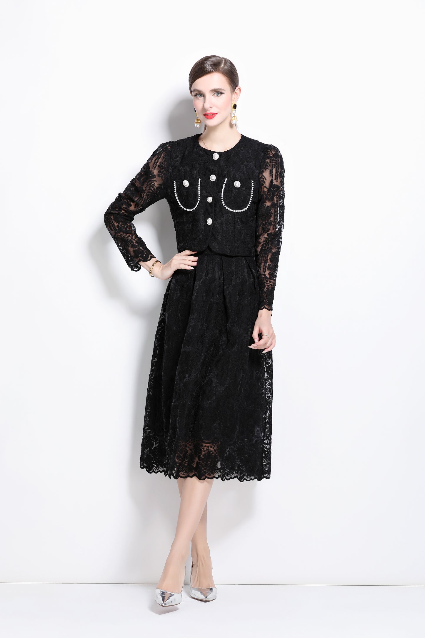 2 Pieces Chiffon Lace Button Midi Dress