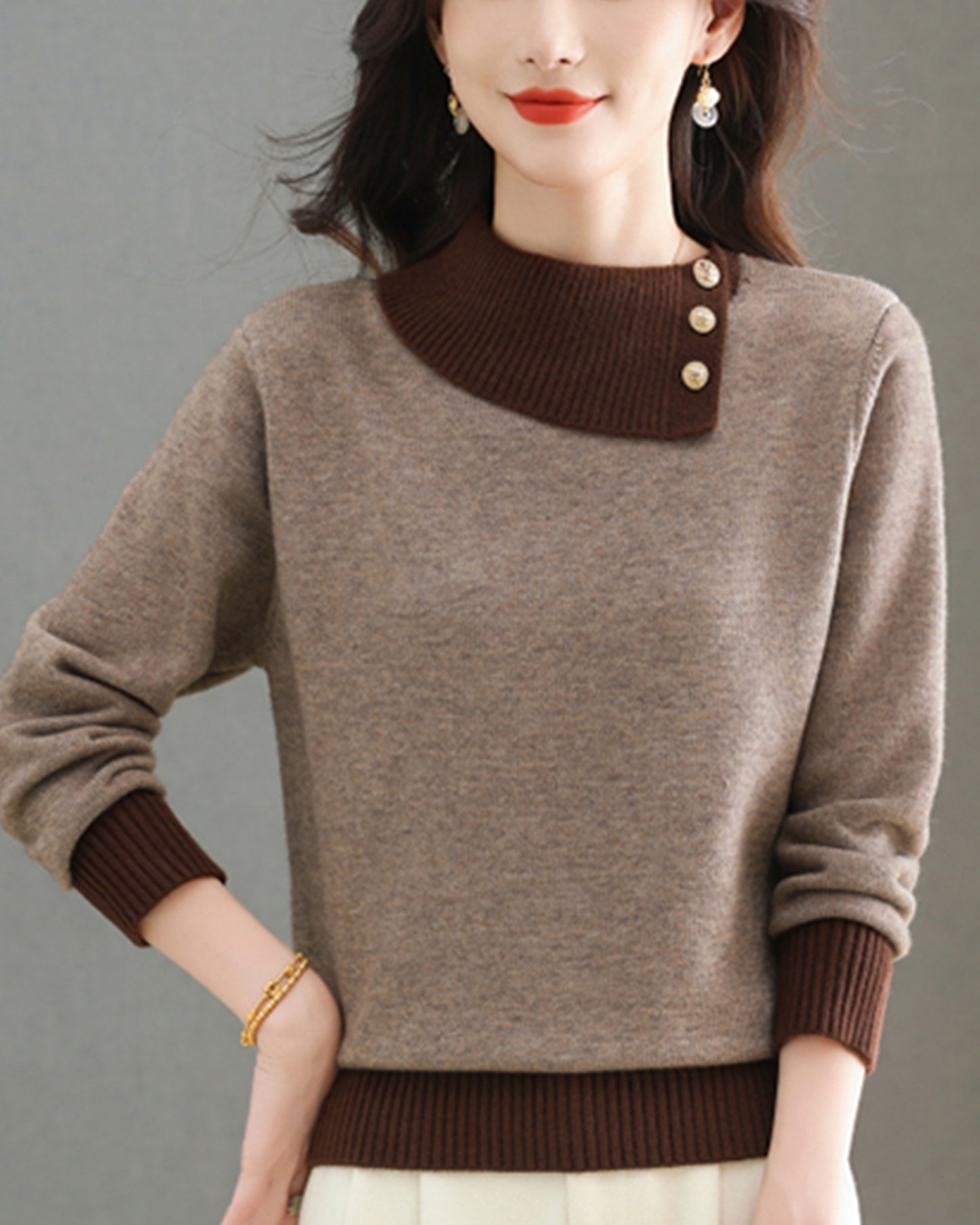 Chic Color-Block Knit Sweater – Asymmetric Neck Pullover Tops