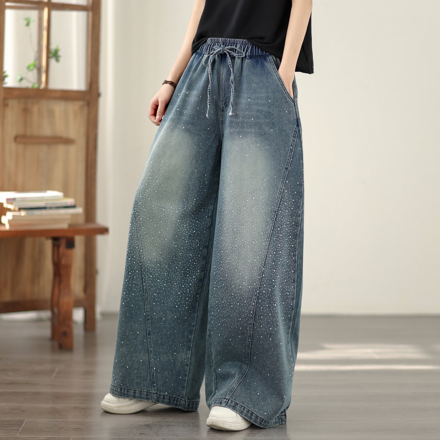 Women's Baggy Jeans Drawstring Waist Wide Leg Denim Pants
