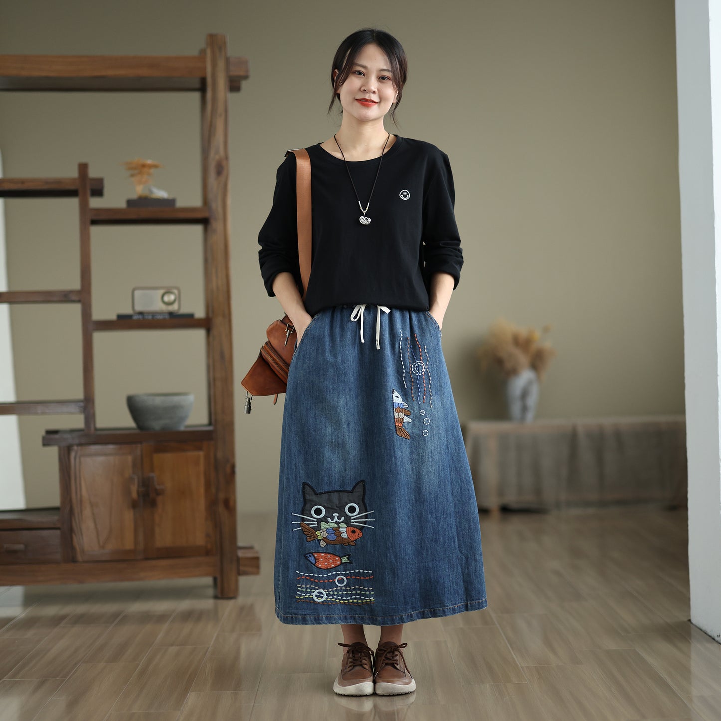 Women's Denim Drawstring Waist Pockets Jean Skirt