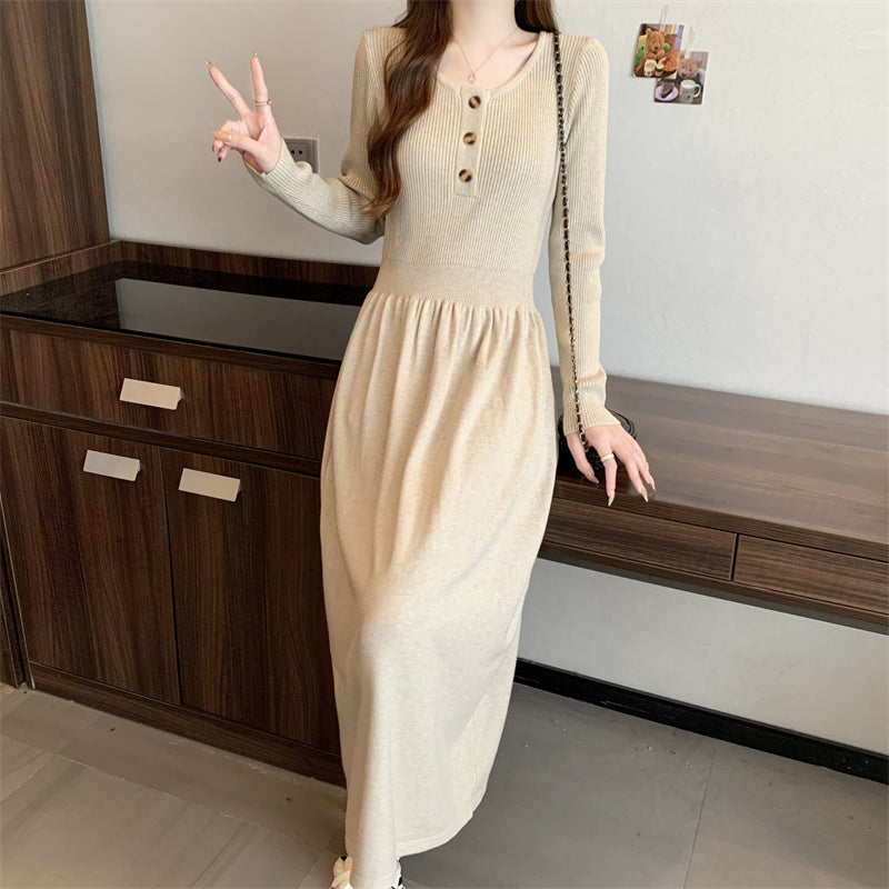 Women's Long Sleeve Button A Line Ribbed Knit Maxi Dress