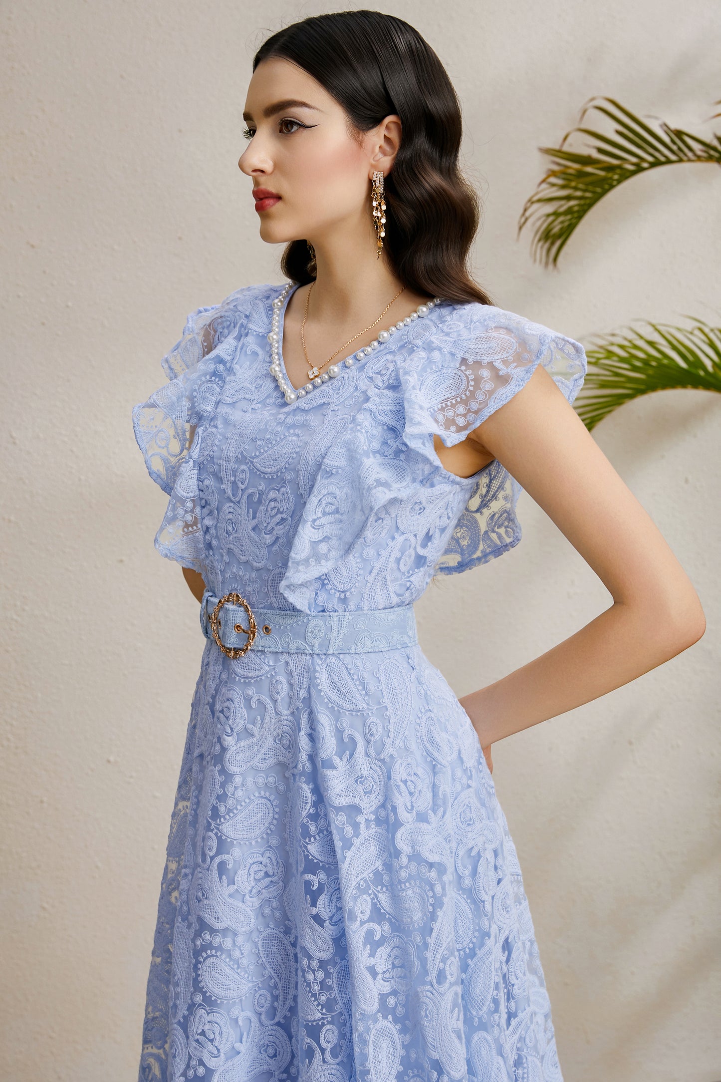 Women's Pearl V-Neck Lace Sleeveless Ruffled Sleeves Maxi Dress