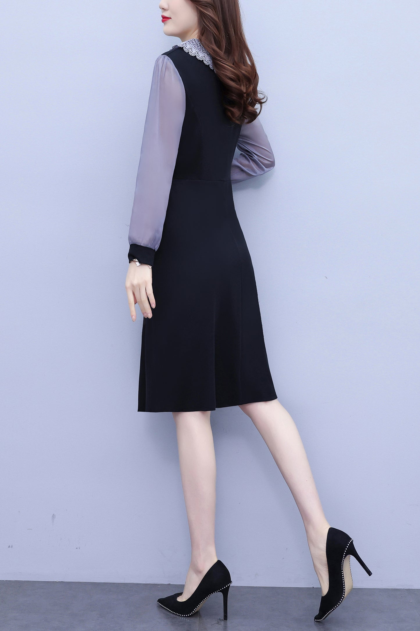 Women's Peter Pan Collar Long Sleeve Pocket Midi Dress