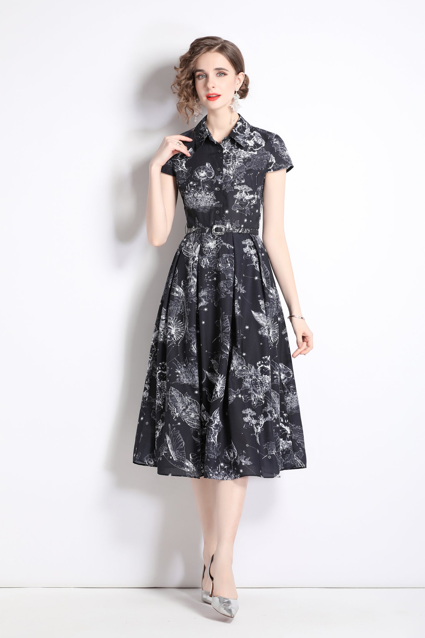 Women's Short Sleeves Printed Buttons Midi Dress