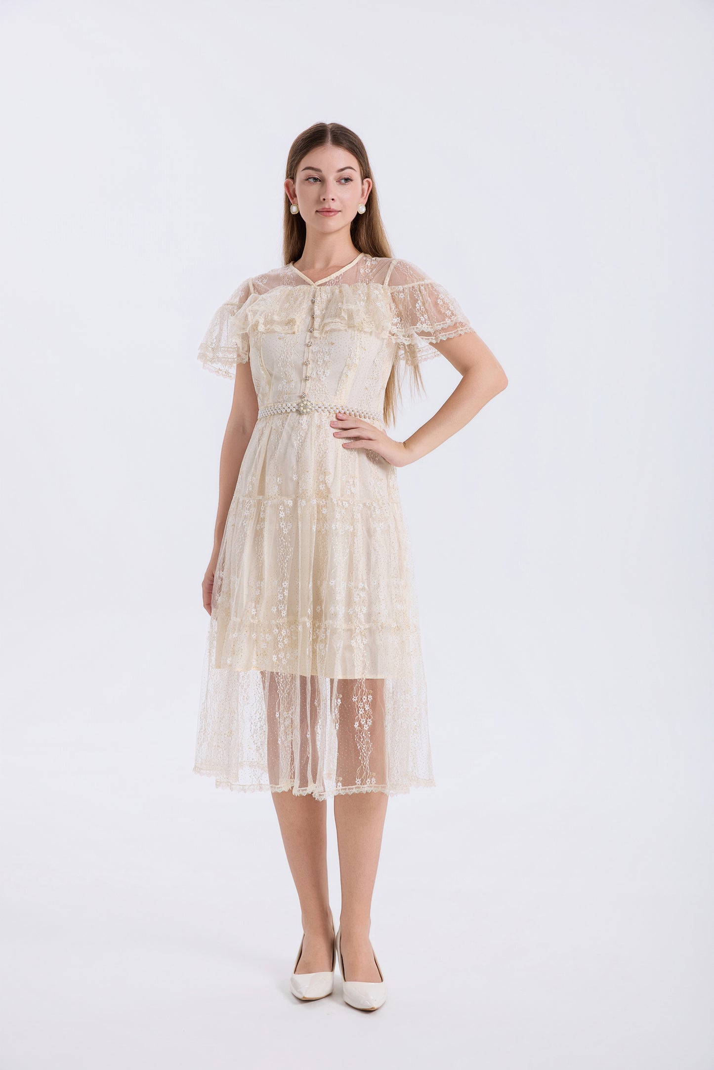 LAI MENG FIVE CATS Ivory Lace Embroidery Dress with Pearl Belt