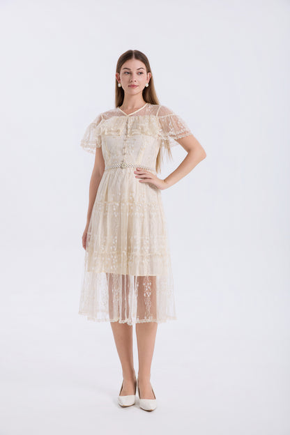 LAI MENG FIVE CATS Ivory Lace Embroidery Dress with Pearl Belt