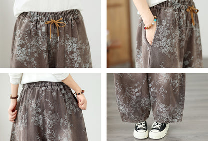 Vintage Floral Denim Harem Pants - Women's Boho Wide Leg Lantern Trousers