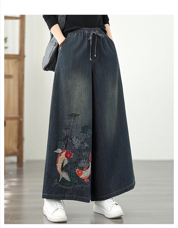Women's Baggy Jeans Embroidery Wide Leg Denim