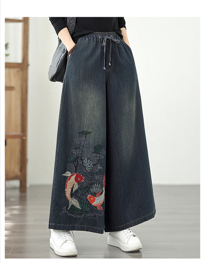 Women's Baggy Jeans Embroidery Wide Leg Denim