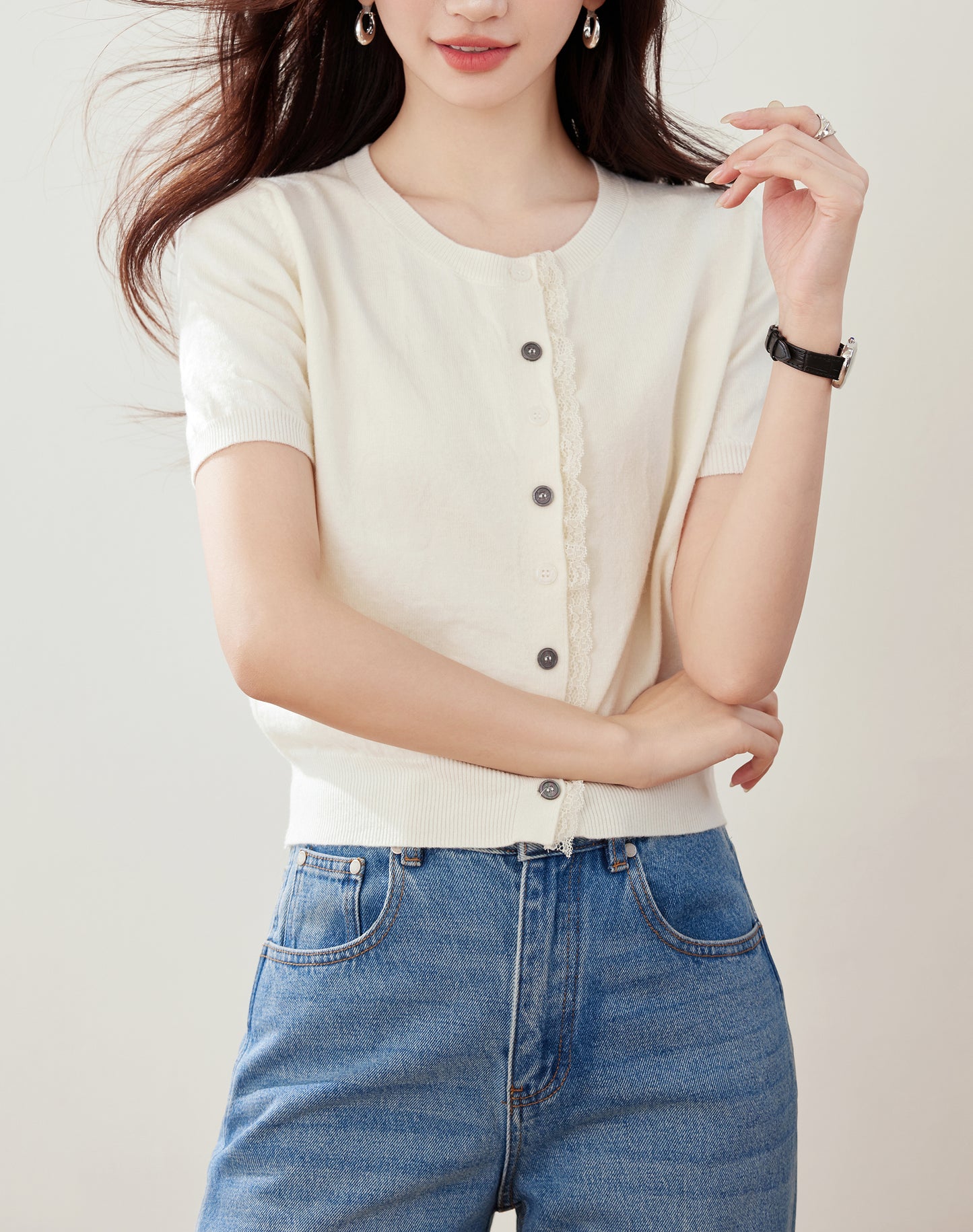 Women's Short Sleeve Lace Cardigan Tops