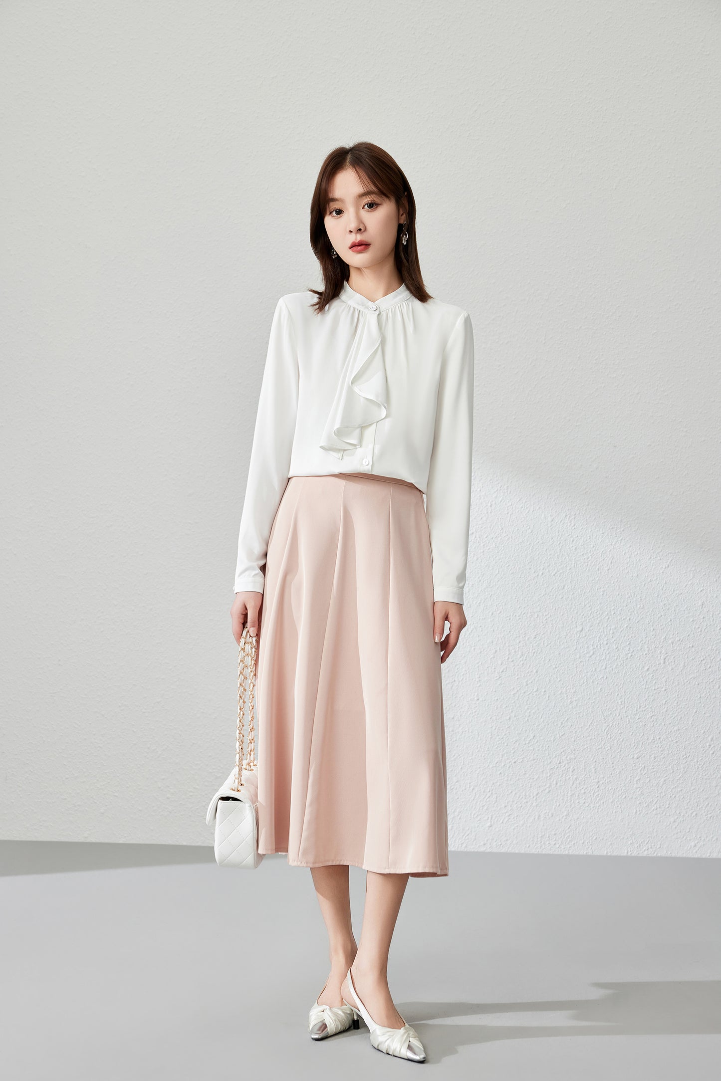 Women's Ruffle Shirt Tie Neck Long Sleeve Blouse - LAI MENG FIVE CATS