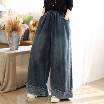 28666-Vintage Denim Wide Leg Palazzo Pants with Elastic Waist & Pockets