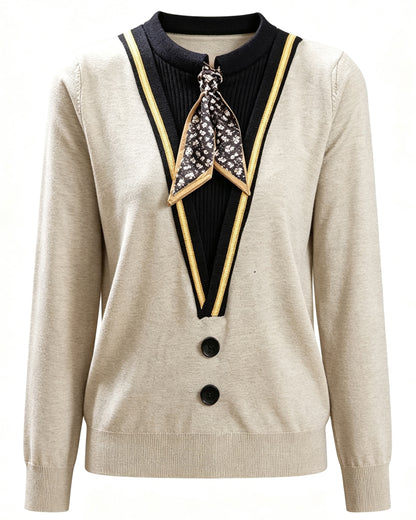Tie-Neck Knit Sweater for Women | Lightweight Fall Pullover with Vintage-Inspired Collar