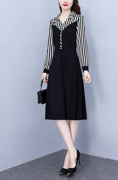 Women's V-Neck Long Sleeve with Pockets Black Dress