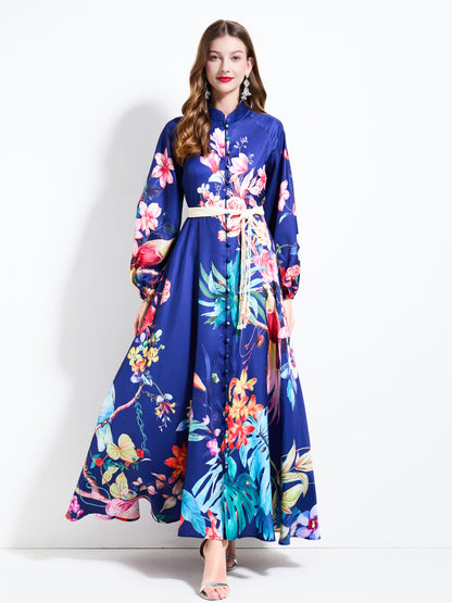 Women's Floral Print Puff Sleeve Split Maxi Dress