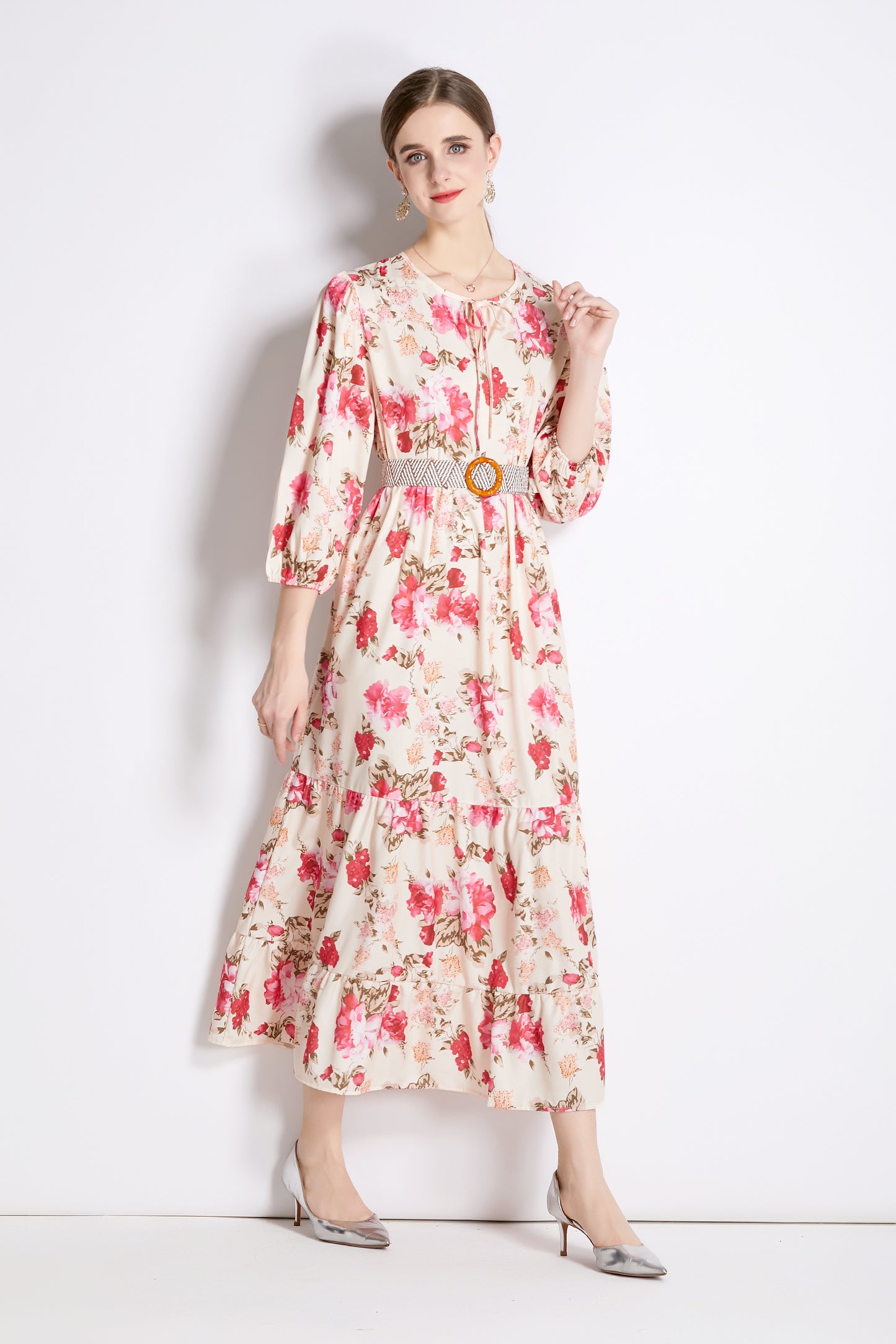 SSY-Women's Cutout Neck Floral Print 3/4 Sleeve Maxi Dress