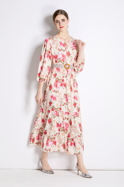 SSY-Women's Cutout Neck Floral Print 3/4 Sleeve Maxi Dress