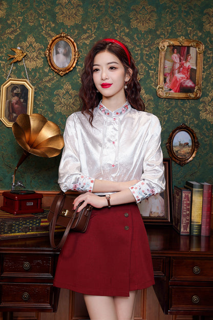 Women's Chinese Style Silk Satin Jacquard  Shirt - LAI MENG FIVE CATS