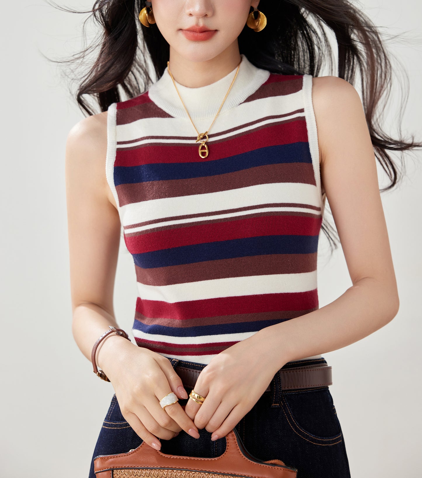 Women's Stripe Sleeveless Ribbed Knit Tops