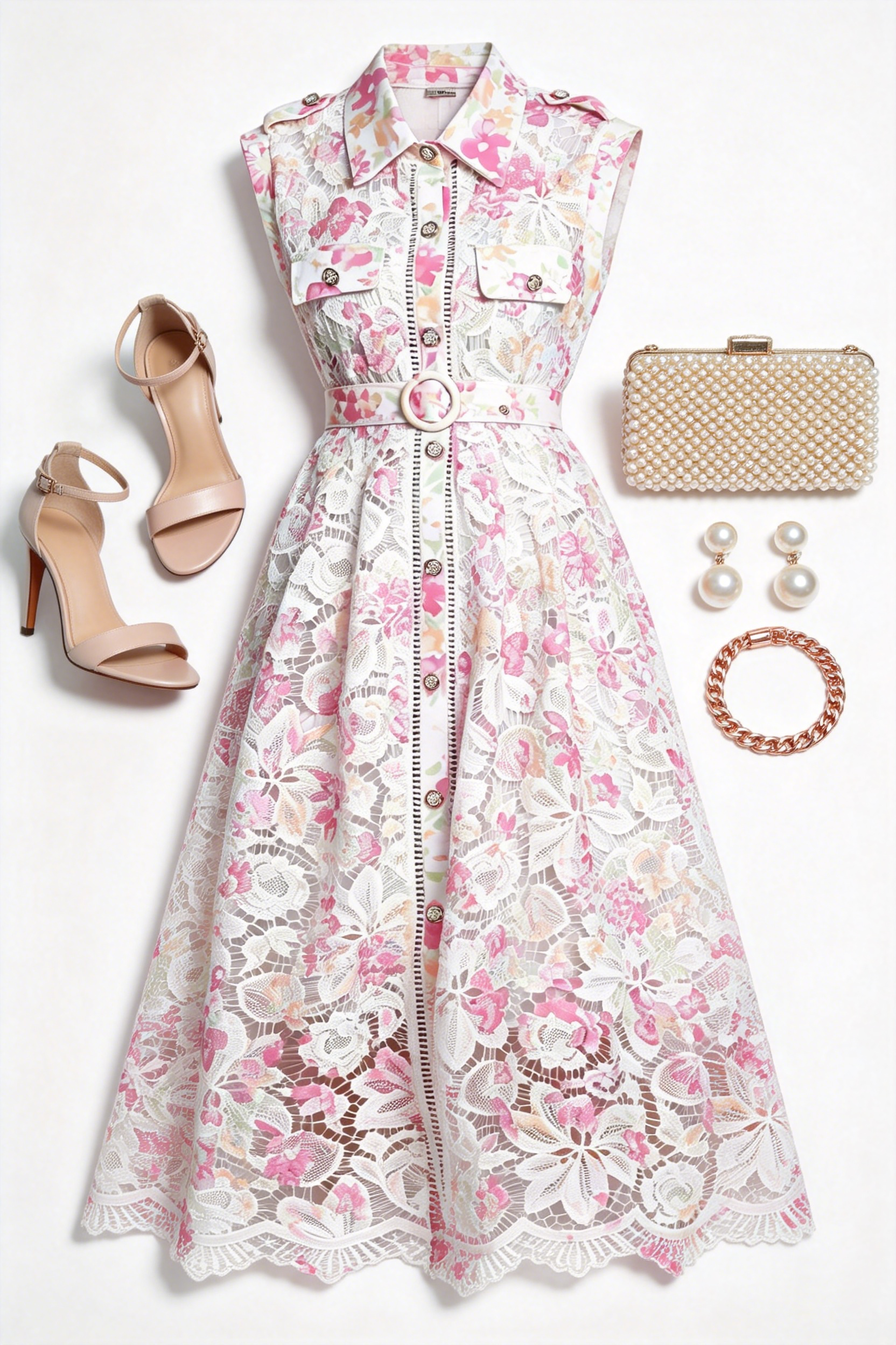 Blush Pink Floral Lace Midi Dress with Belt Elegant Garden Wedding G LAI MENG FIVE CATS Blush Pink Floral Lace Midi Dress with Belt Elegant Garden Wedding G LAI MENG FIVE CATS
