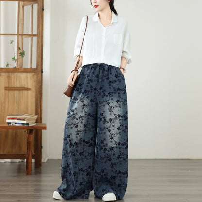 Vintage Floral Print Denim Wide-Leg Pants Wide-Leg Jeans