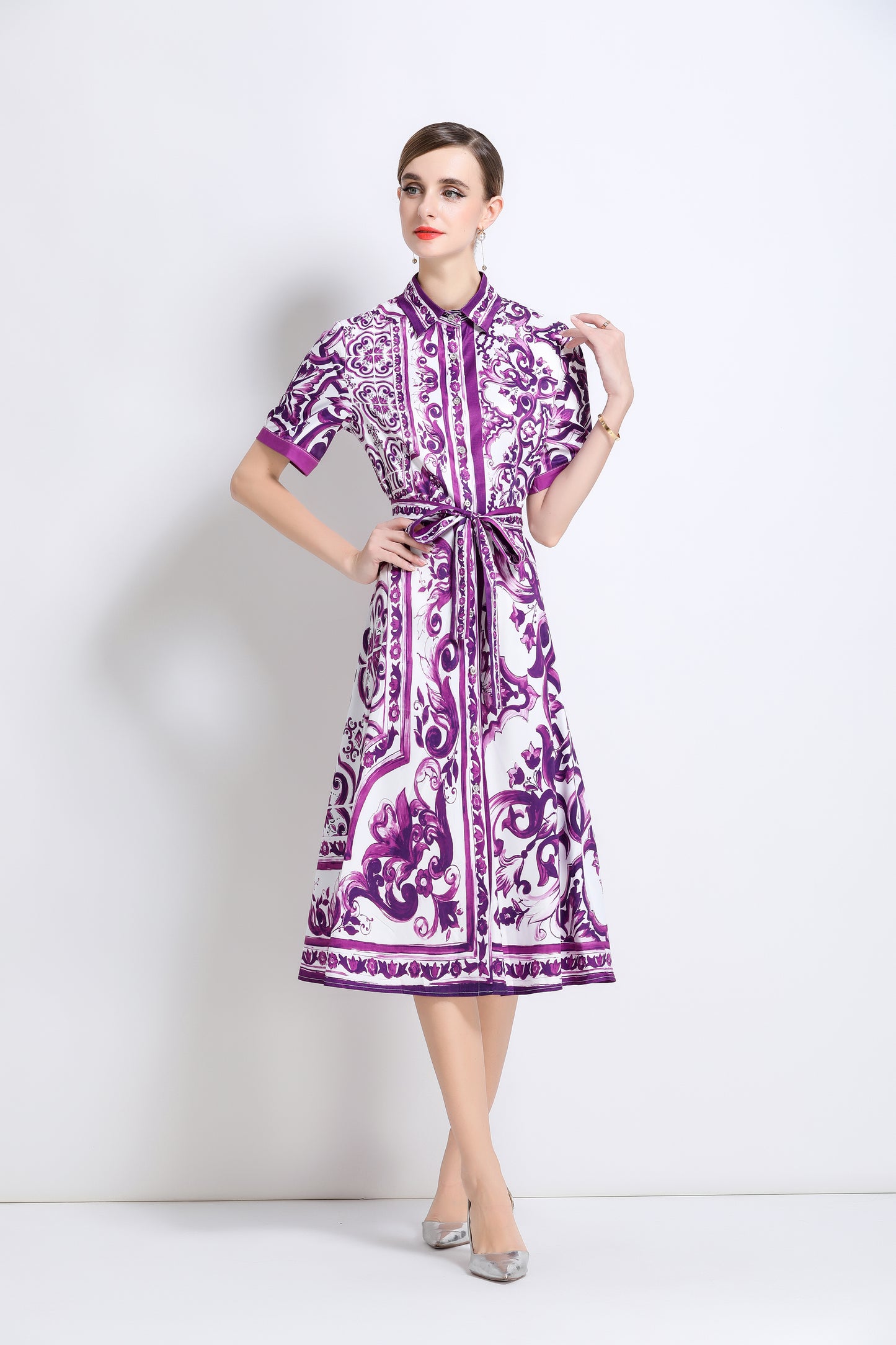 Women's Short Sleeve Button Floral Print  Midi Dress