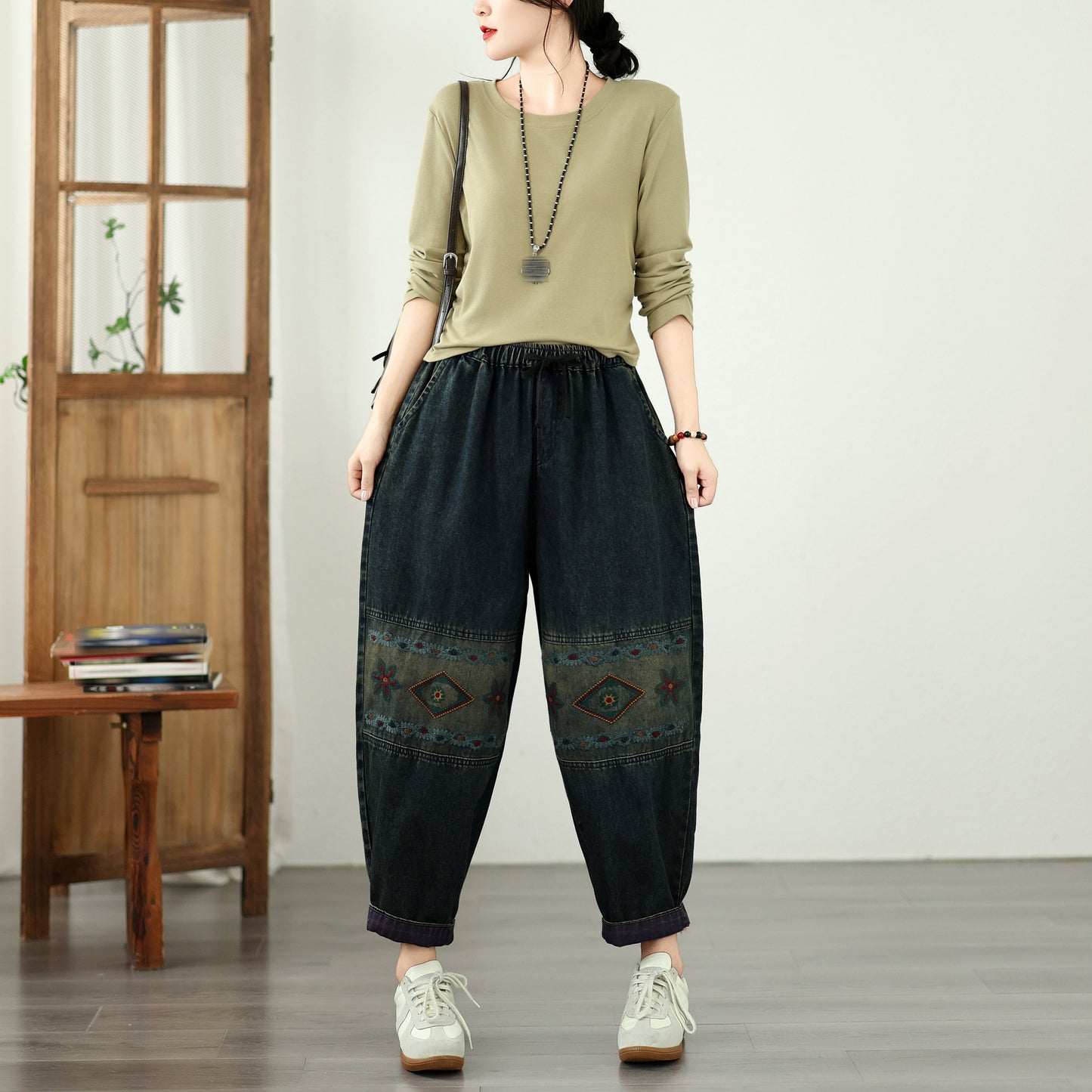 Vintage Ethnic Embroidered Denim Harem Pants