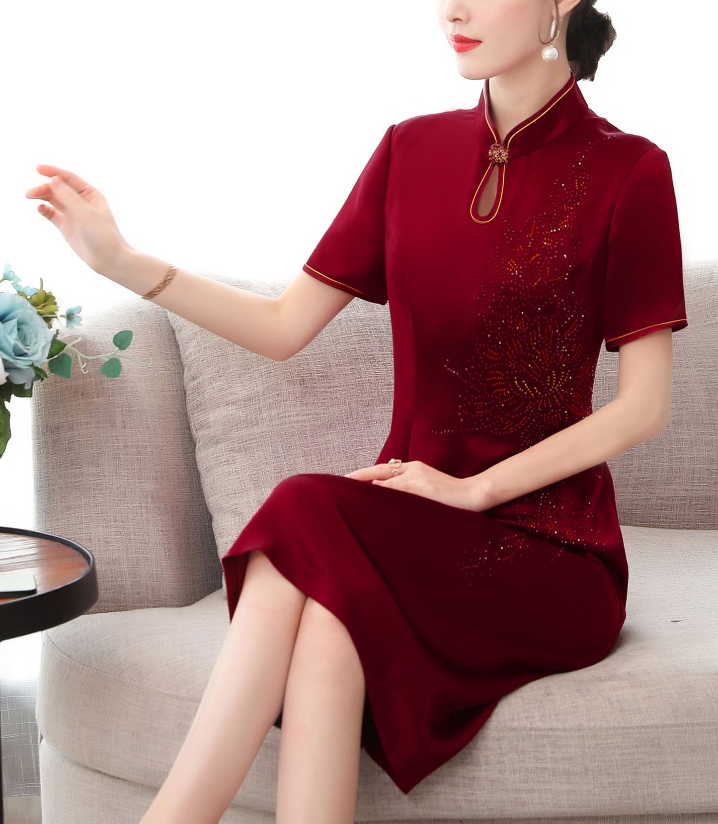 Women's Glitter Bead Design Formal Elegant Embroider Midi Dress