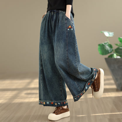 26-Women's Denim Wide Leg Baggy Elastic Waist  Jeans