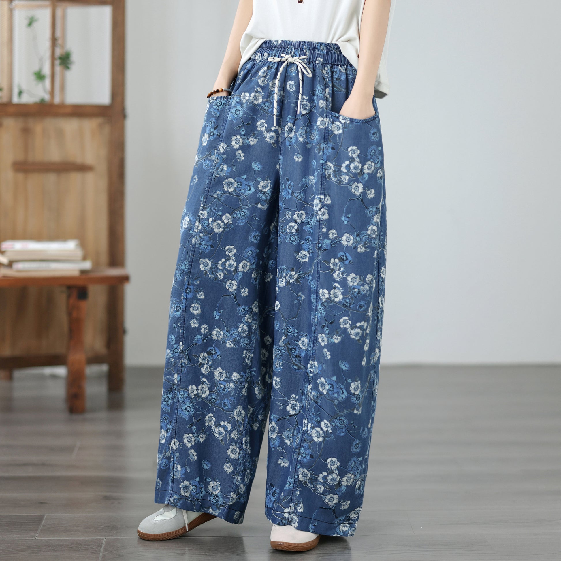 Women's Wide Leg Jeans Lightweight Wasited Elastic Print Y2K Pants - LAI MENG FIVE CATS