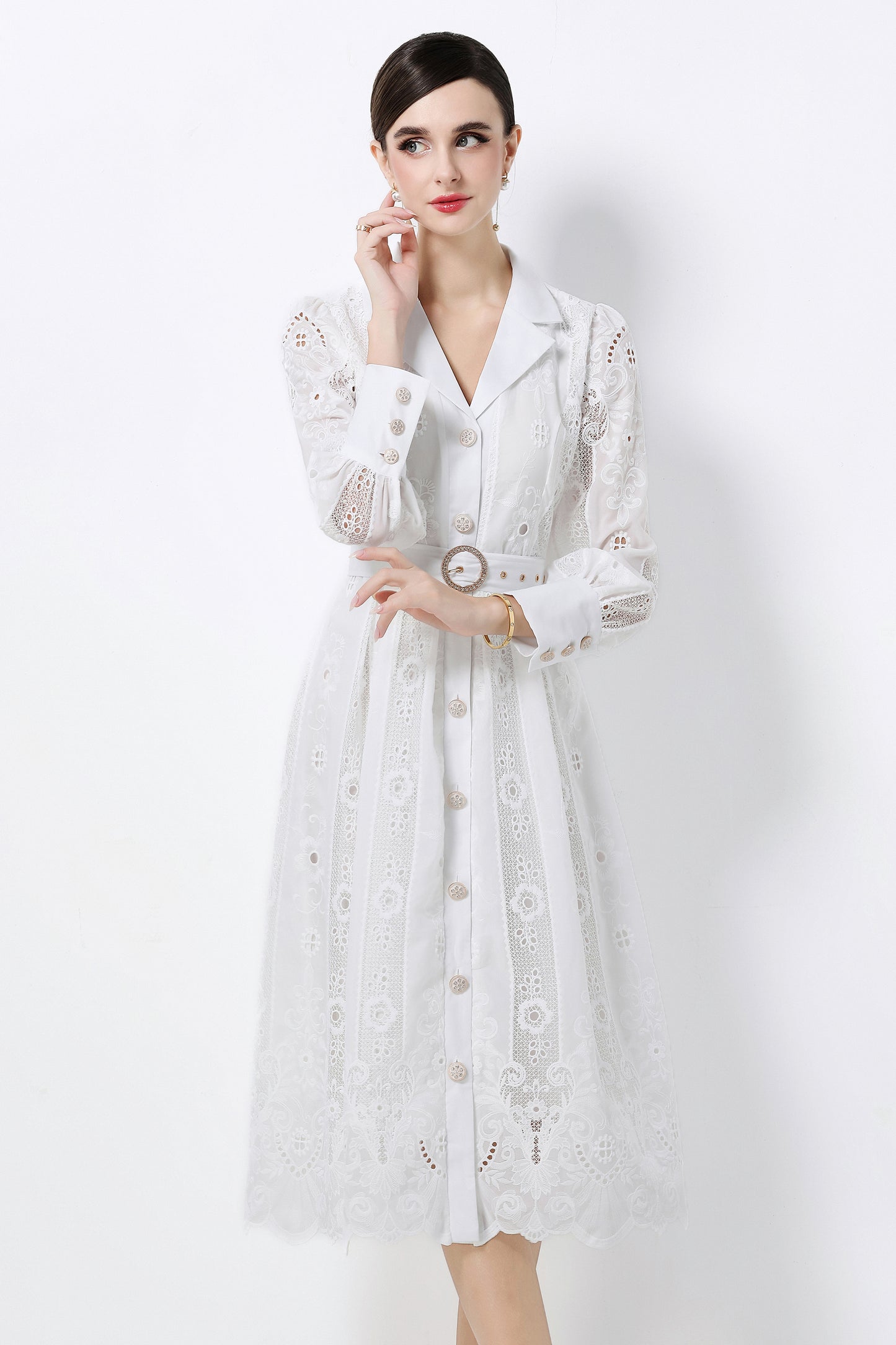 Women's Puff Sleeve Lace Hollow Out Midi Dress