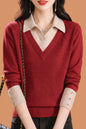 Women's Polo Contrast Collar Sweater Pullover Top