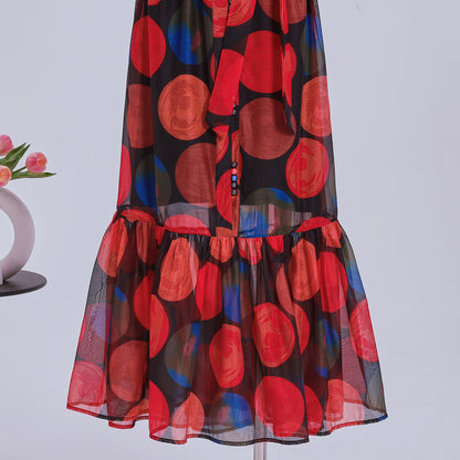 Women's Floral Print Puff Sleeve Fishtail Loose Maxi Dress