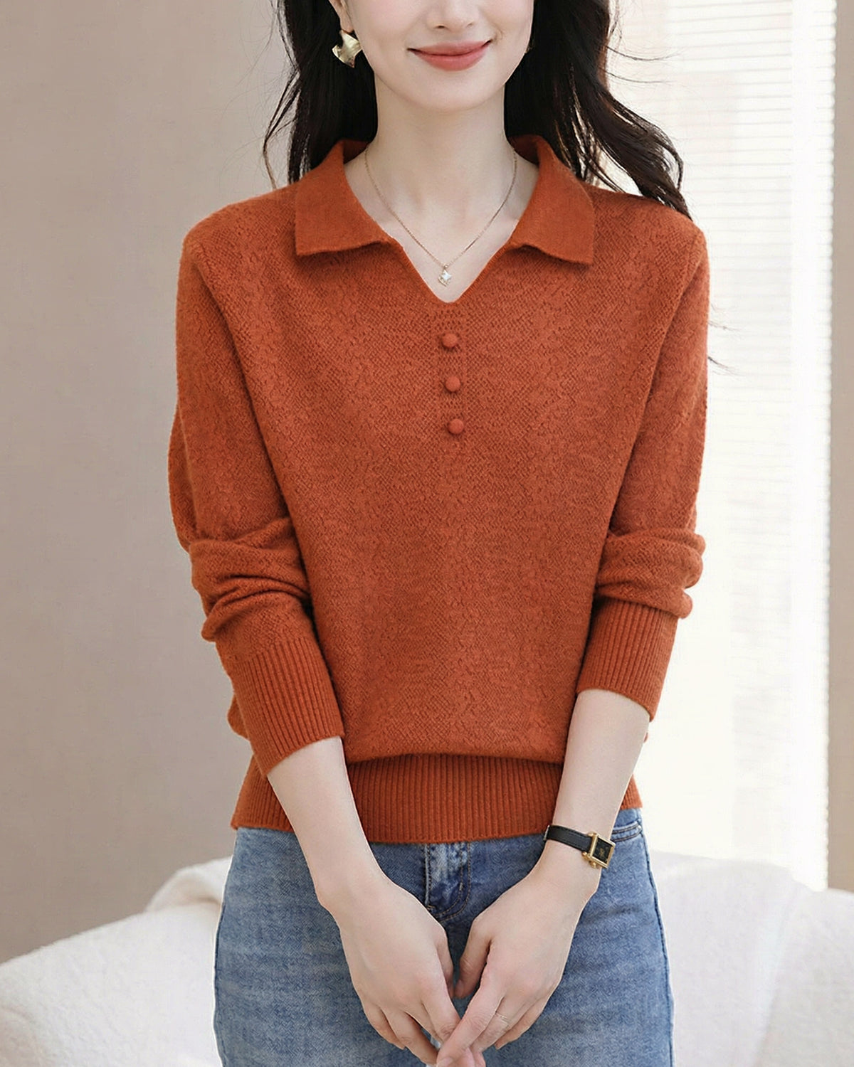 Women's Pink Polo Knit Top — V-Neck & Long Sleeve Ribbet Knitted