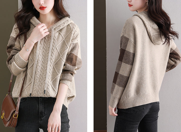 Women's Hoodies Plaid Ribbed Sweater Knit Tops