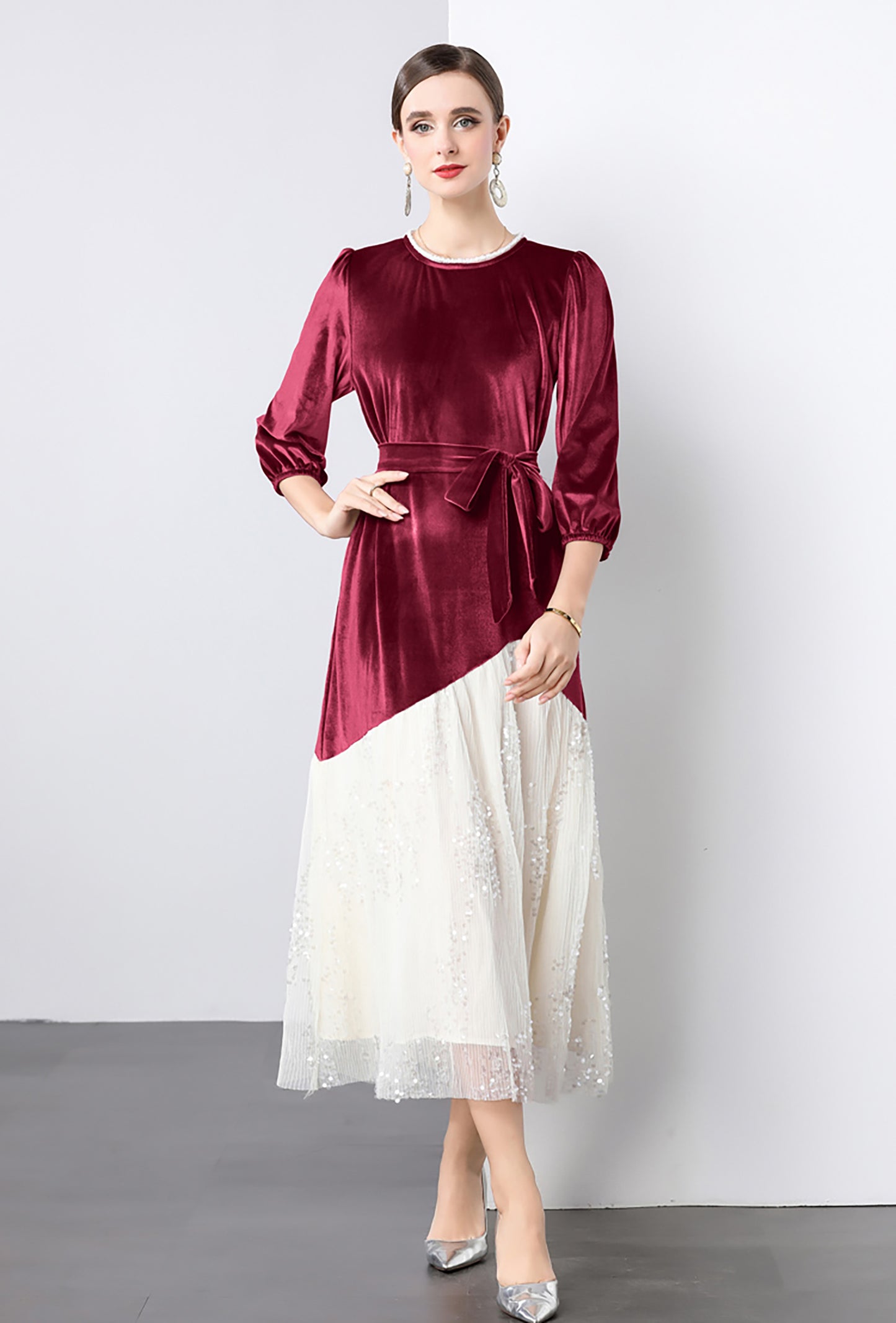 Velvet Lace Patchwork Sequins Midi Dress