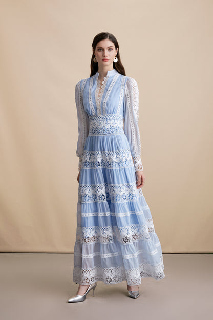 Women's V-Neck Smocked Lace Tiered Maxi Dress