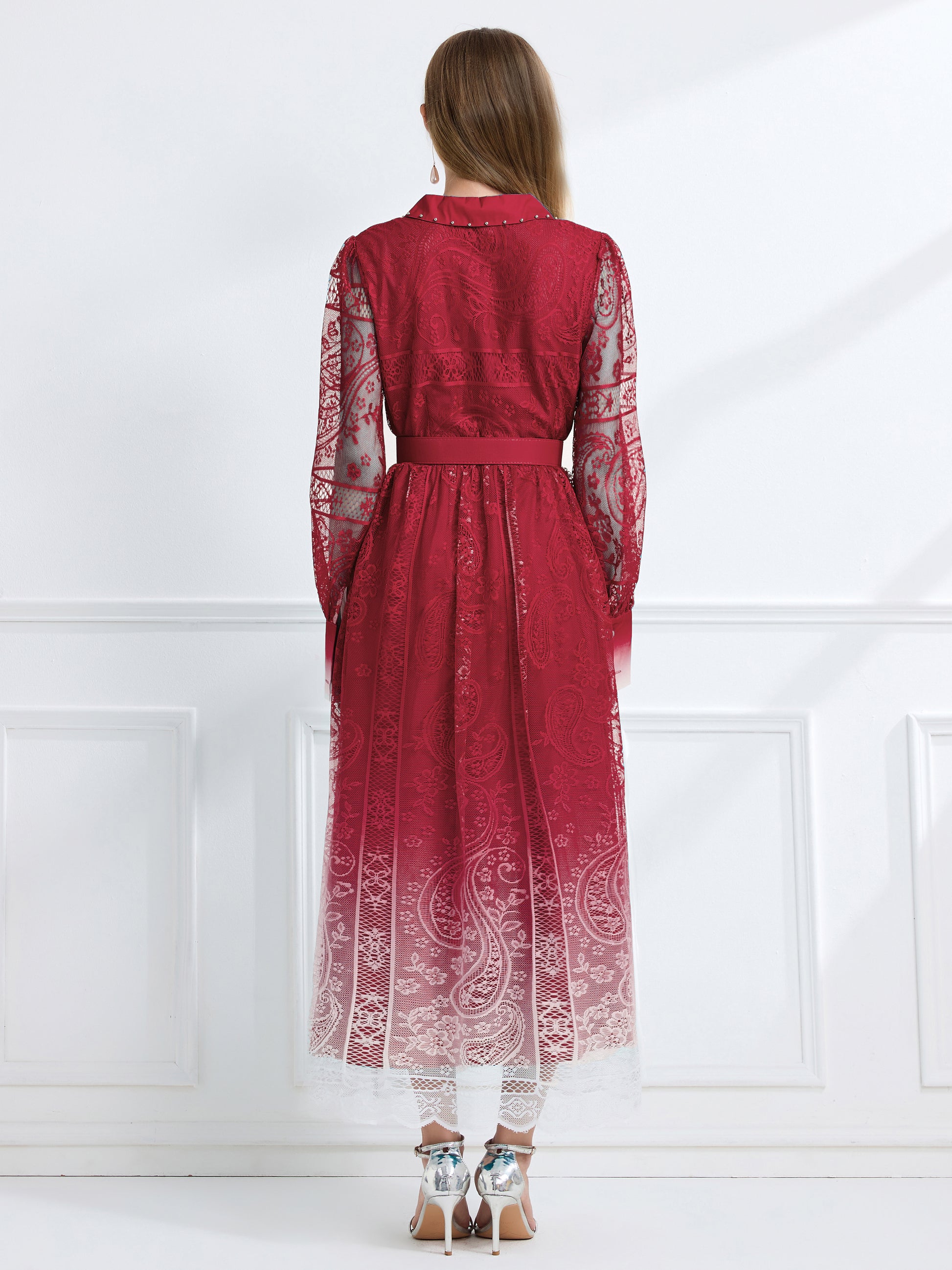 Women's V-Neck Button Lace Maxi Dress - LAI MENG FIVE CATS