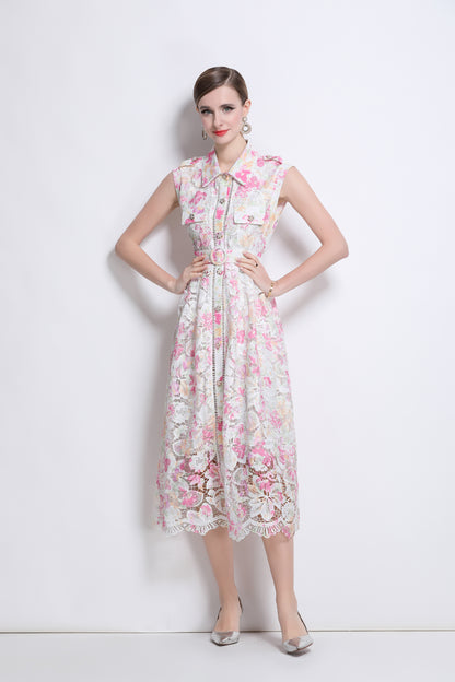 Women's Hollow Lace Print Sleeveless Midi Dress