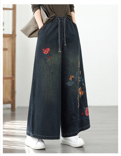 Women's Baggy Jeans Embroidery Wide Leg Denim