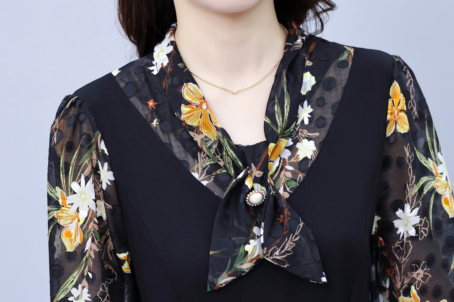 Women's V-Neck Long Sleeve Patchwork Black Dress