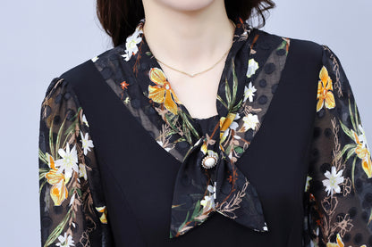 Women's V-Neck Long Sleeve Patchwork Black Dress