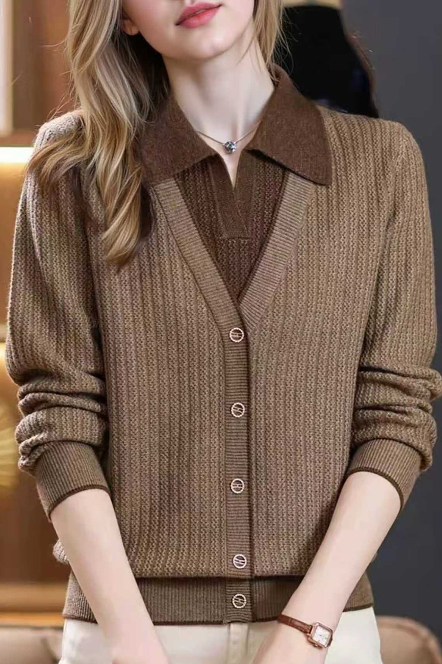 Women's Sweaters Lapel Ribbed Knit Pullover Shirt