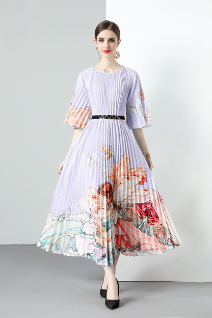 Purple Elegant Pleated Round Neck 1/2 Sleeves Print Casual Maxi Dress