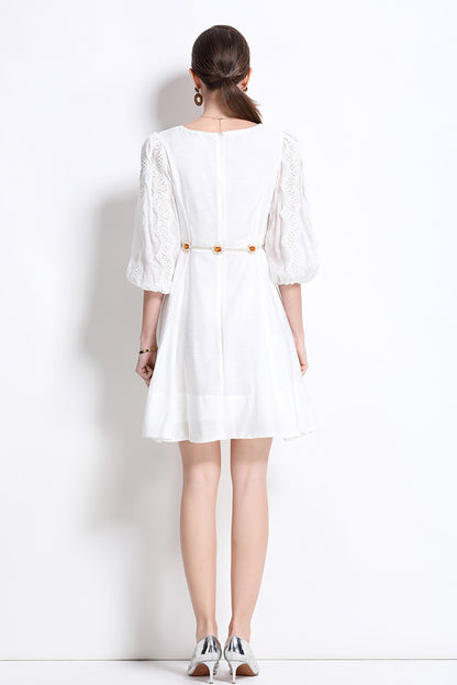 Women's Puff Sleeves V-Neck Hollow Embroidery Mini Dress