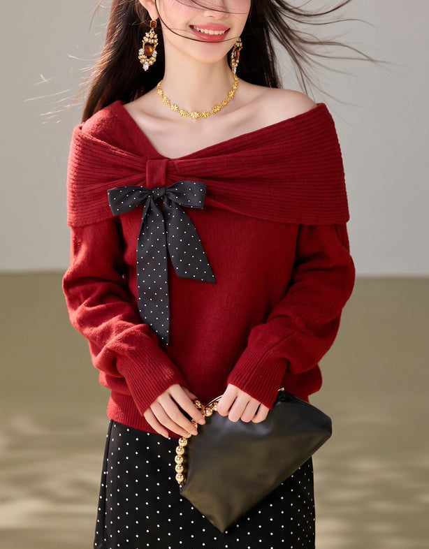 28683-Burgundy Bow Off-Shoulder Knit Sweater