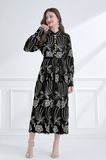Women's Mandarin Collar Embroidered Button Maxi Dress